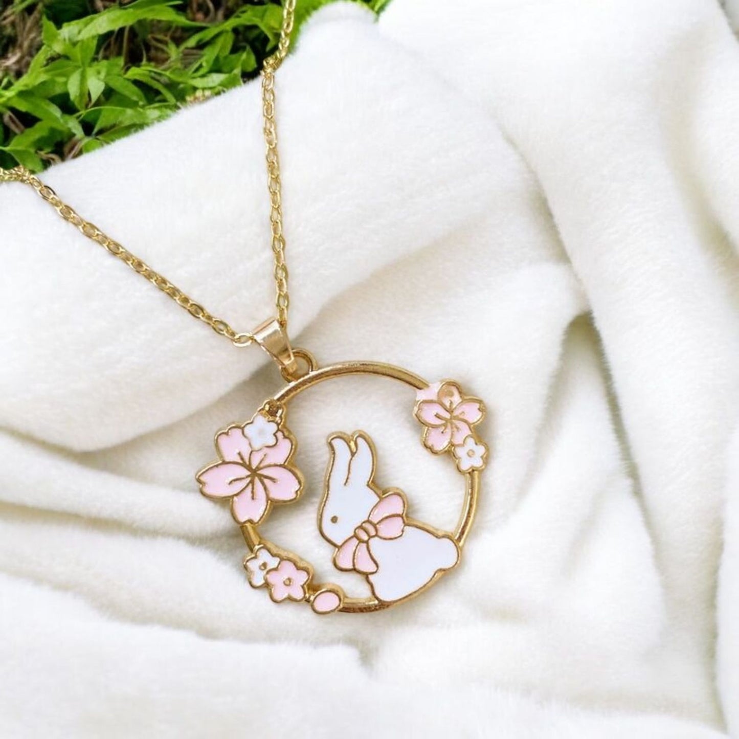 Kawaii White Bunny Necklace - Cherry Blossom Rabbit Enamel Jewelry, Cute Sakura Pink Flower Gift for Rabbit Lovers