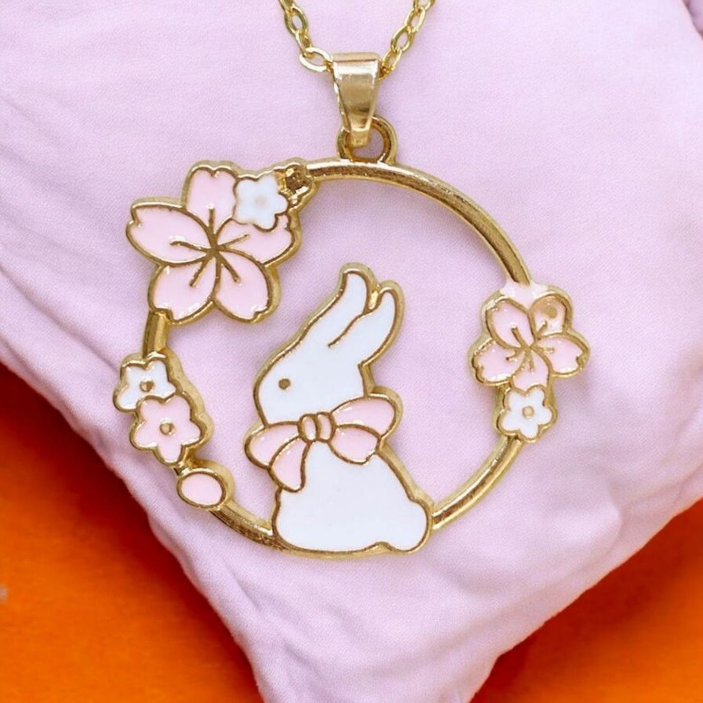 Kawaii White Bunny Necklace - Cherry Blossom Rabbit Enamel Jewelry, Cute Sakura Pink Flower Gift for Rabbit Lovers