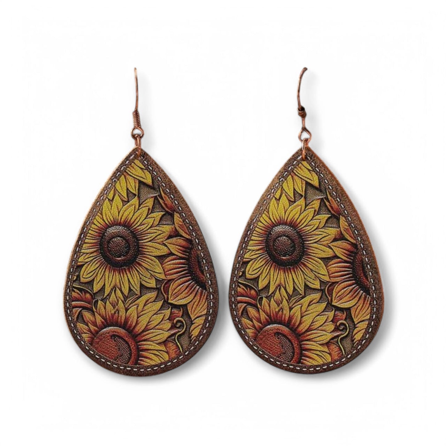 In A Field On Sunflowers Vegan Leather Teardrop Western Earrings