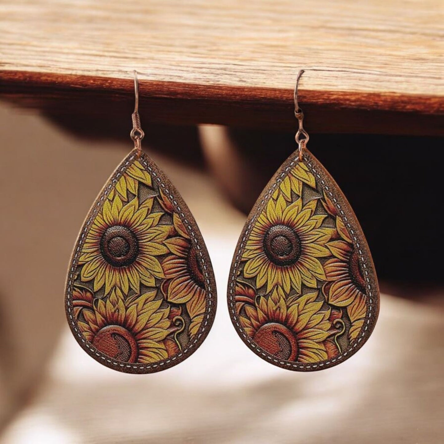 In A Field On Sunflowers Vegan Leather Teardrop Western Earrings