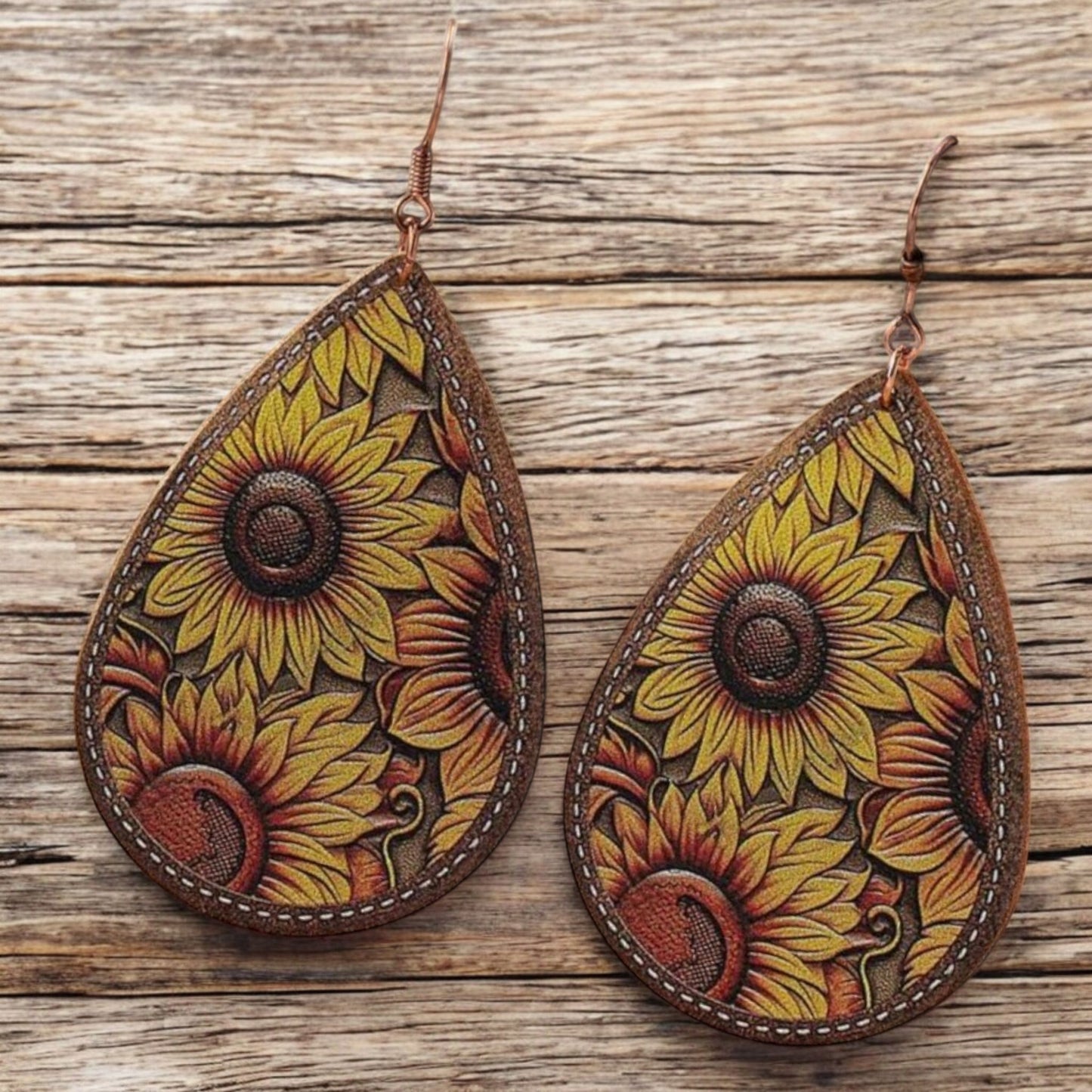 In A Field On Sunflowers Vegan Leather Teardrop Western Earrings