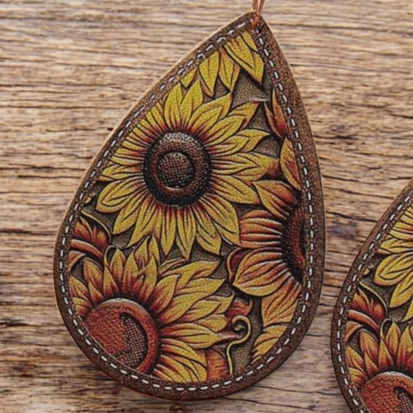 In A Field On Sunflowers Vegan Leather Teardrop Western Earrings