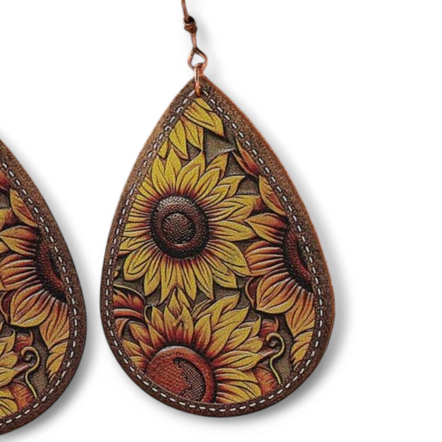 In A Field On Sunflowers Vegan Leather Teardrop Western Earrings