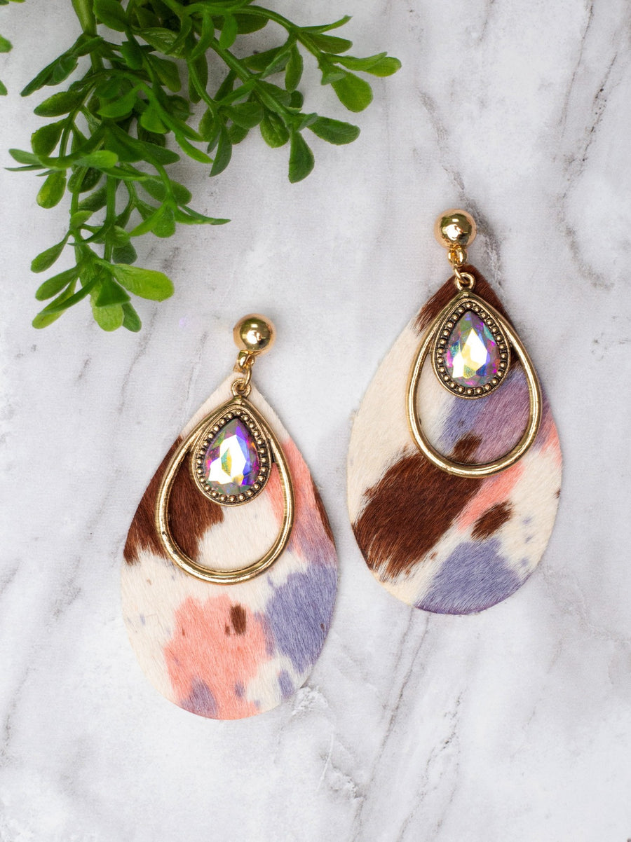 Space Cowgirl Pastel Cowhide Teardrop Crystal Stud Earrings