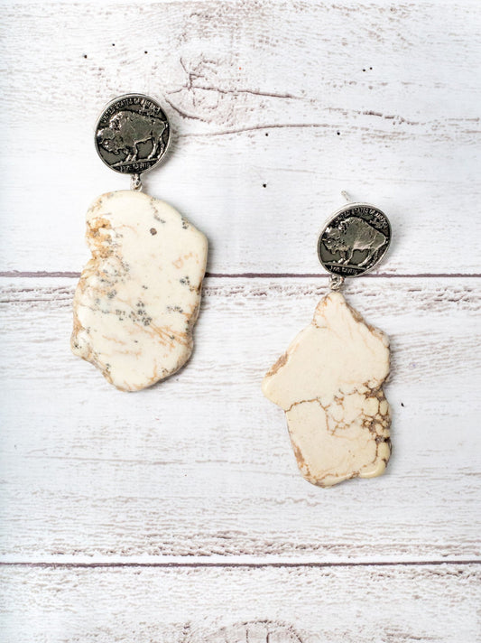 Howlite Rock Slab With Buffalo Nickel Coin Fashion Earrings