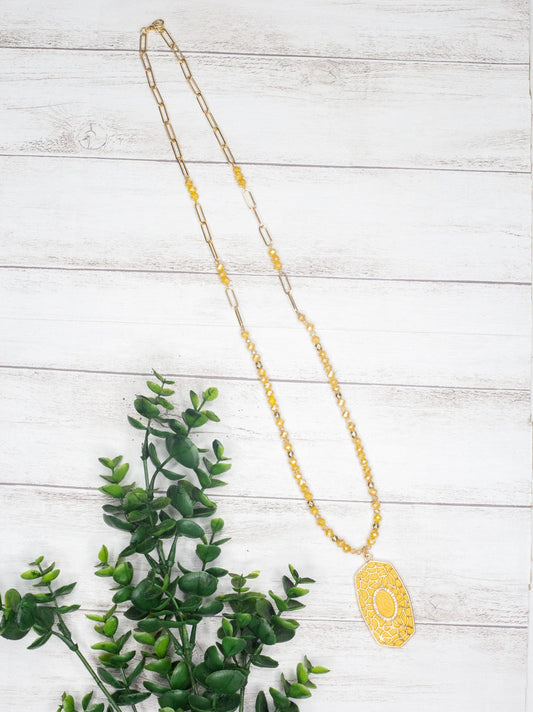 Let's Go To Brunch Mustard Oval Pendant on a Gold Chain Necklace