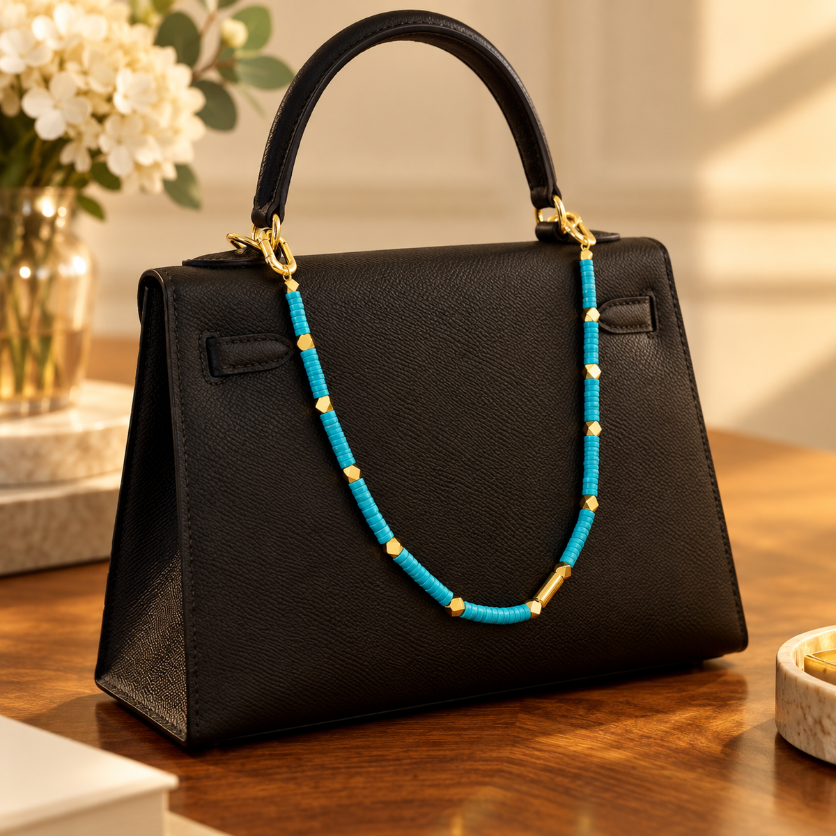 Faux turquoise and gold beaded bag charm styled on structured black handbag