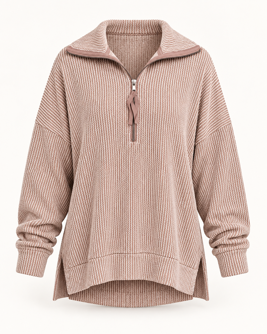 A ribbed knit long-sleeve quarter-zip sweater in a dusty rose pink color, featuring a mock neck collar and a drawstring detail at the zipper pull, shown against a plain white background.