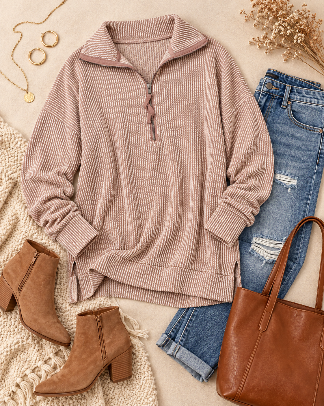 A styled flat-lay featuring a ribbed, long-sleeve quarter-zip pullover sweater in a dusty rose pink color, paired with distressed blue jeans, brown suede ankle boots, a brown leather tote bag, and gold jewelry on a neutral beige background.
