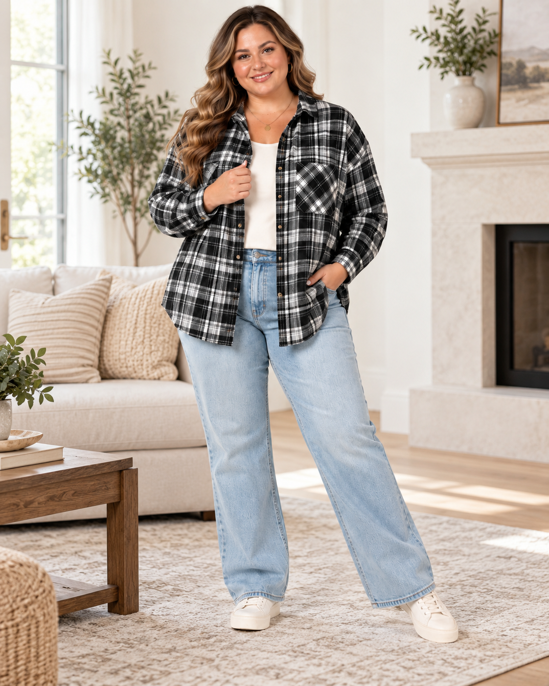 A woman stands in a bright living room wearing a black and white plaid button-up shirt over a white top, light-wash wide-leg jeans, and white sneakers.