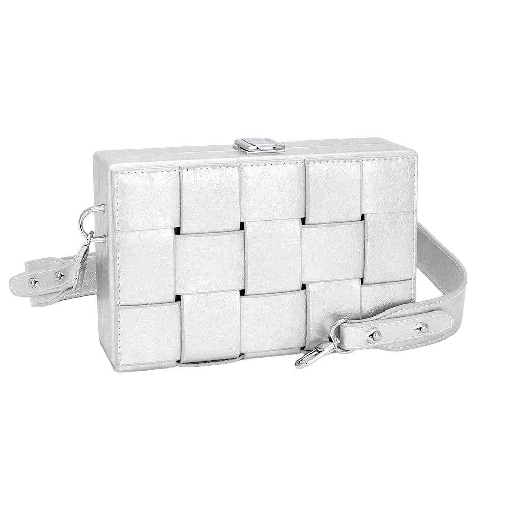 White woven handbag with a strap on a white background