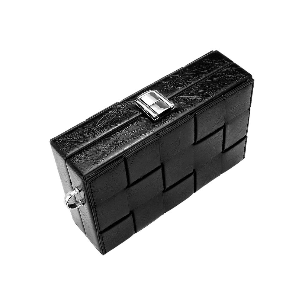 Black woven clutch bag on a white background