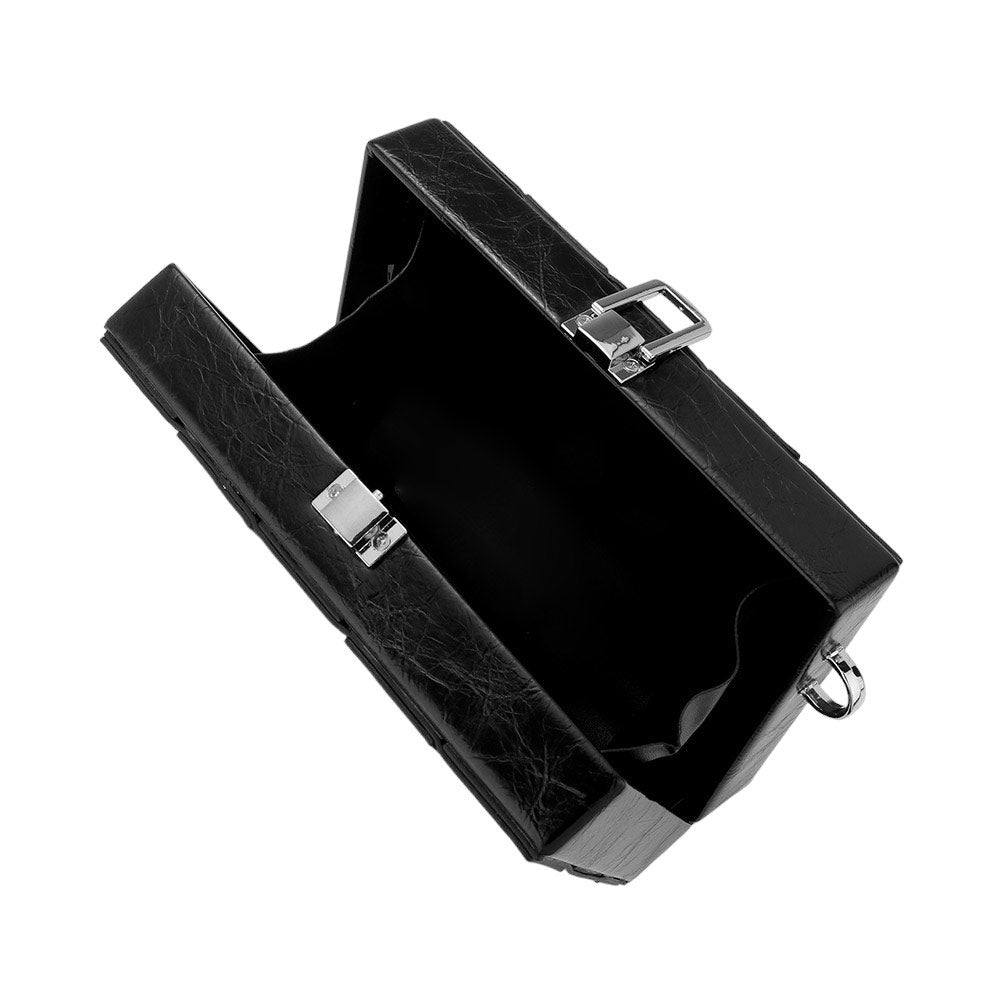 Black leather briefcase with silver clasp on a white background