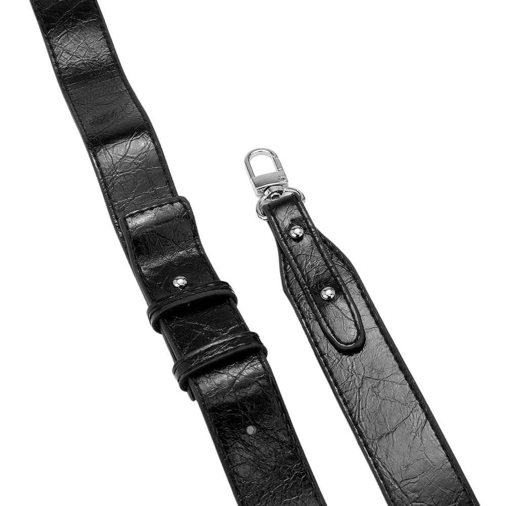 Black leather strap with silver buckle on a white background