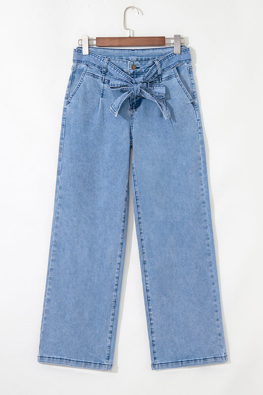 Beau Blue Western Washed Bow Knot Wide Leg Jeans – High Waist Paperbag Denim