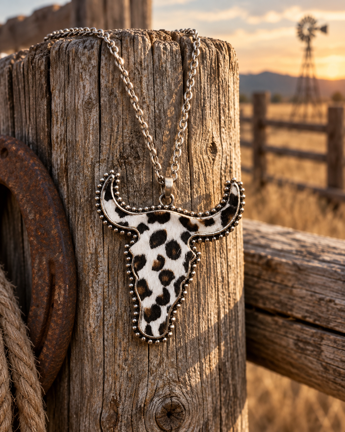 A longhorn-shaped pendant necklace with a black-and-white spotted pattern and silver beaded edges, hanging from a silver chain on a rustic wooden post outdoors at sunset.