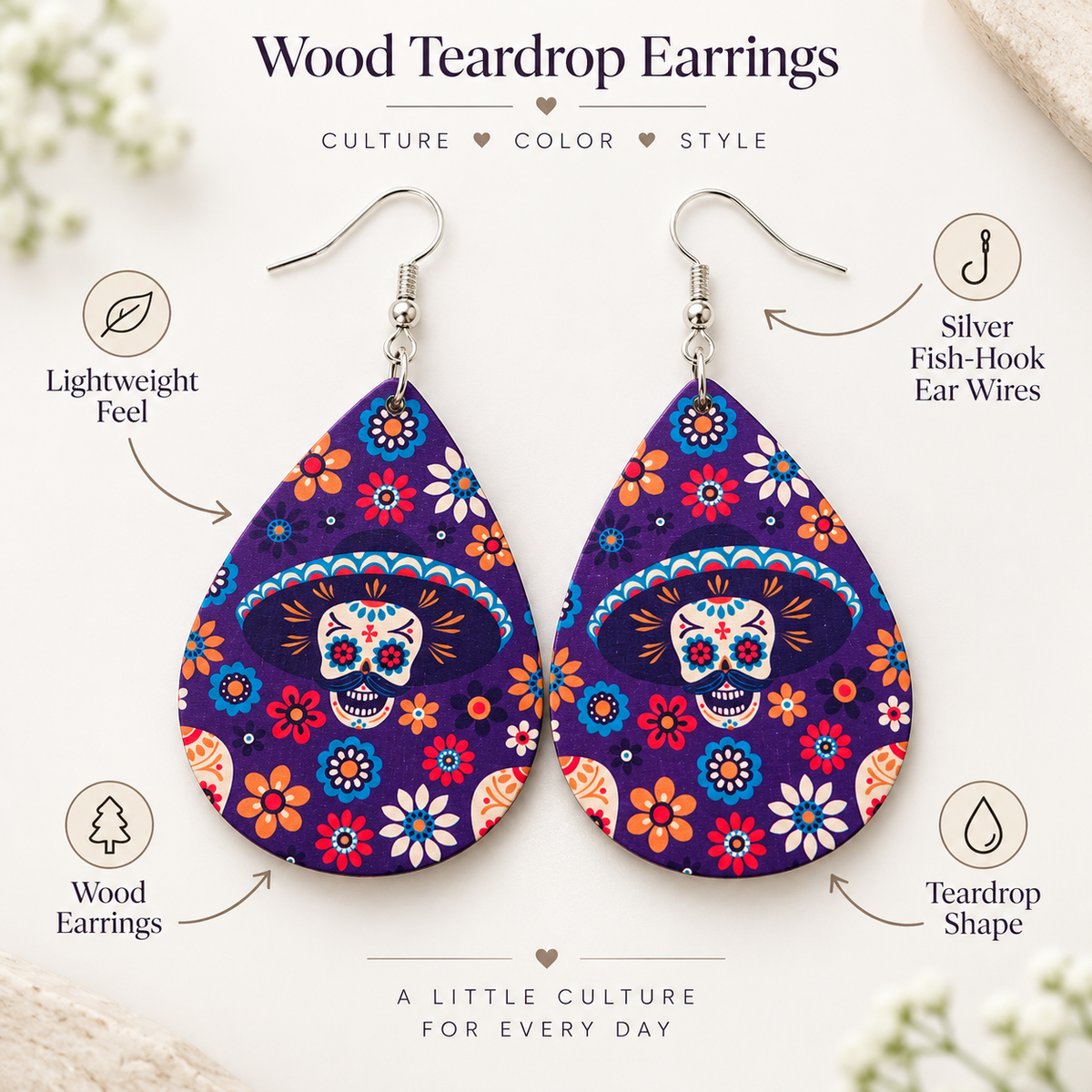 Attribute image of lightweight wood teardrop earrings with silver-tone fish-hook ear wires and colorful floral skull design