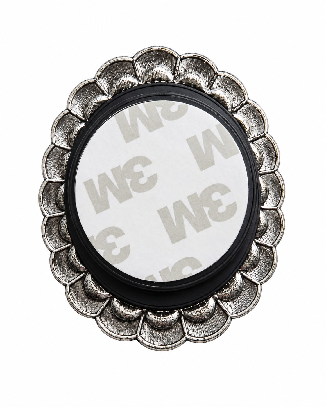 A round decorative mirror with a textured silver scalloped frame and a black inner border, showing the white 3M adhesive backing. The mirror is photographed on a clean white background.