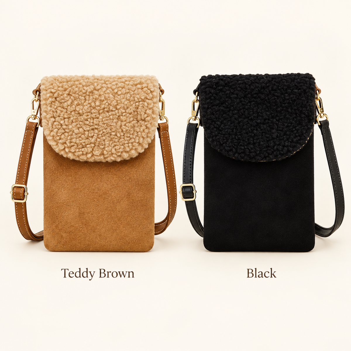 Teddy Brown and Black sherpa-style phone crossbody bag color options displayed side by side