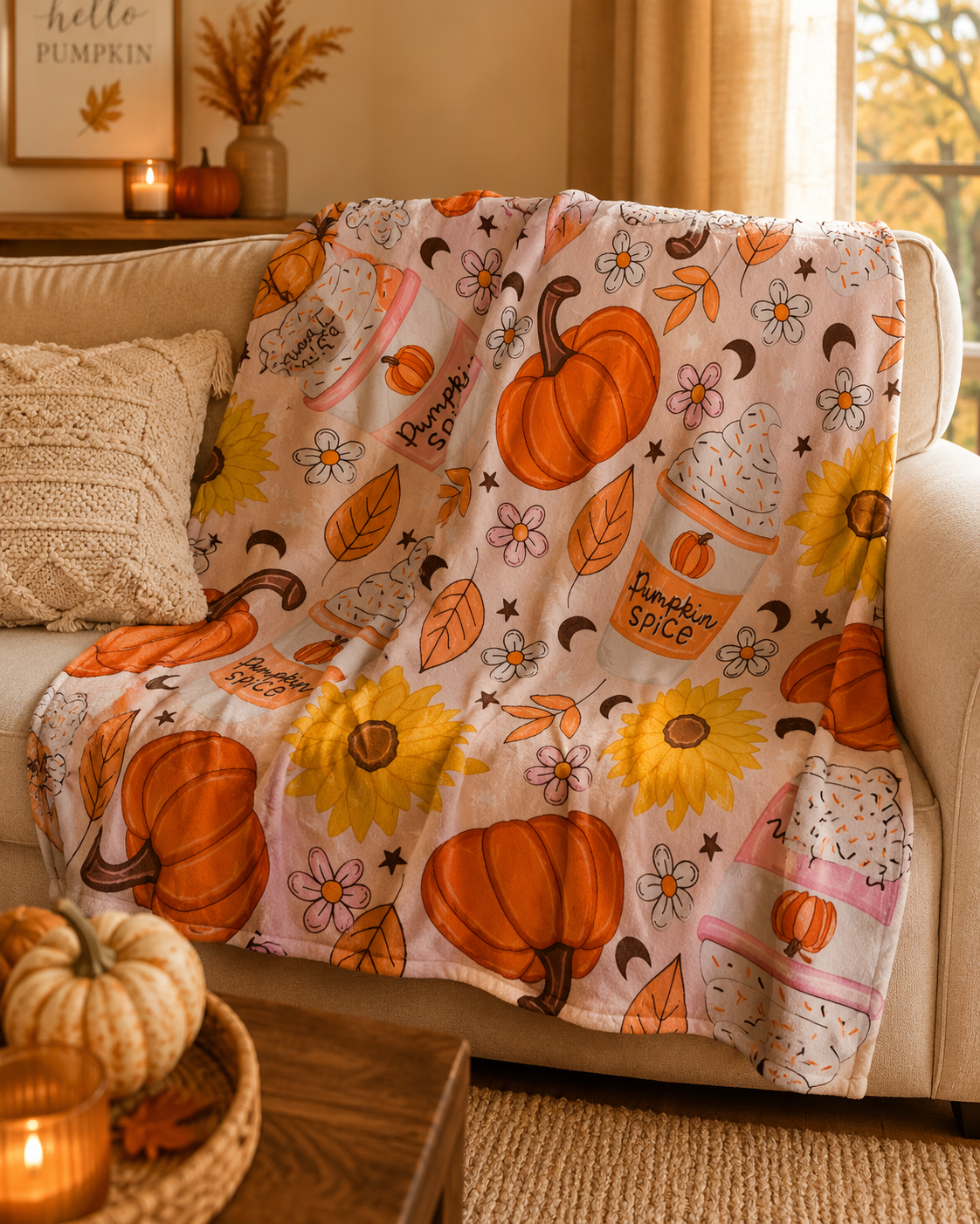 Pumpkin Spice Daydream fall throw blanket draped over a cream sofa in a warm autumn living room