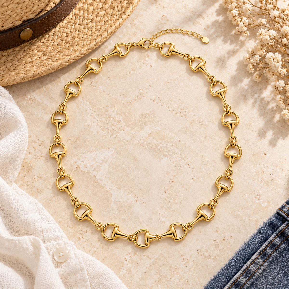 Classic gold horse bit chain necklace flat lay styled with straw hat, white blouse, and denim