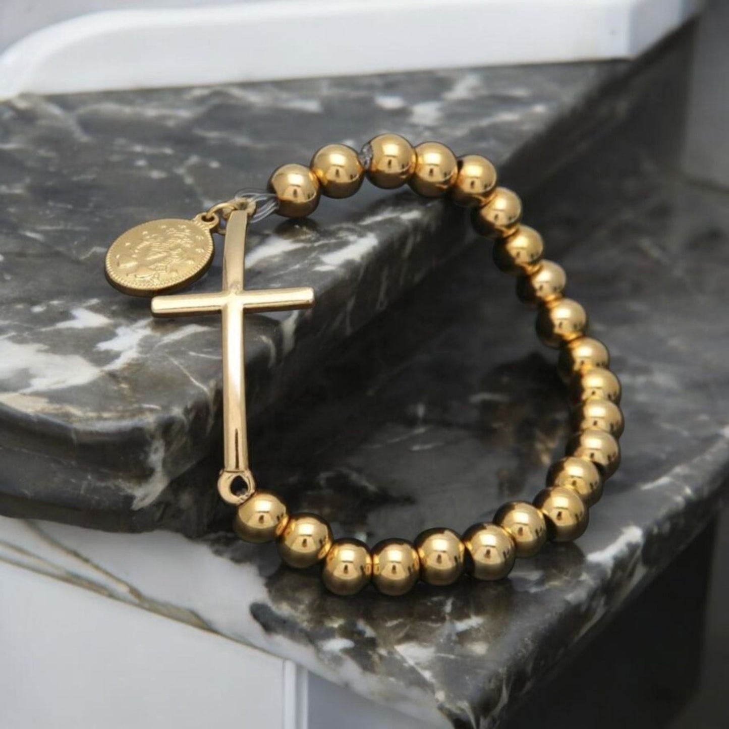 Stainless Steel 8mm Round Bead Stretch Cross Bracelet