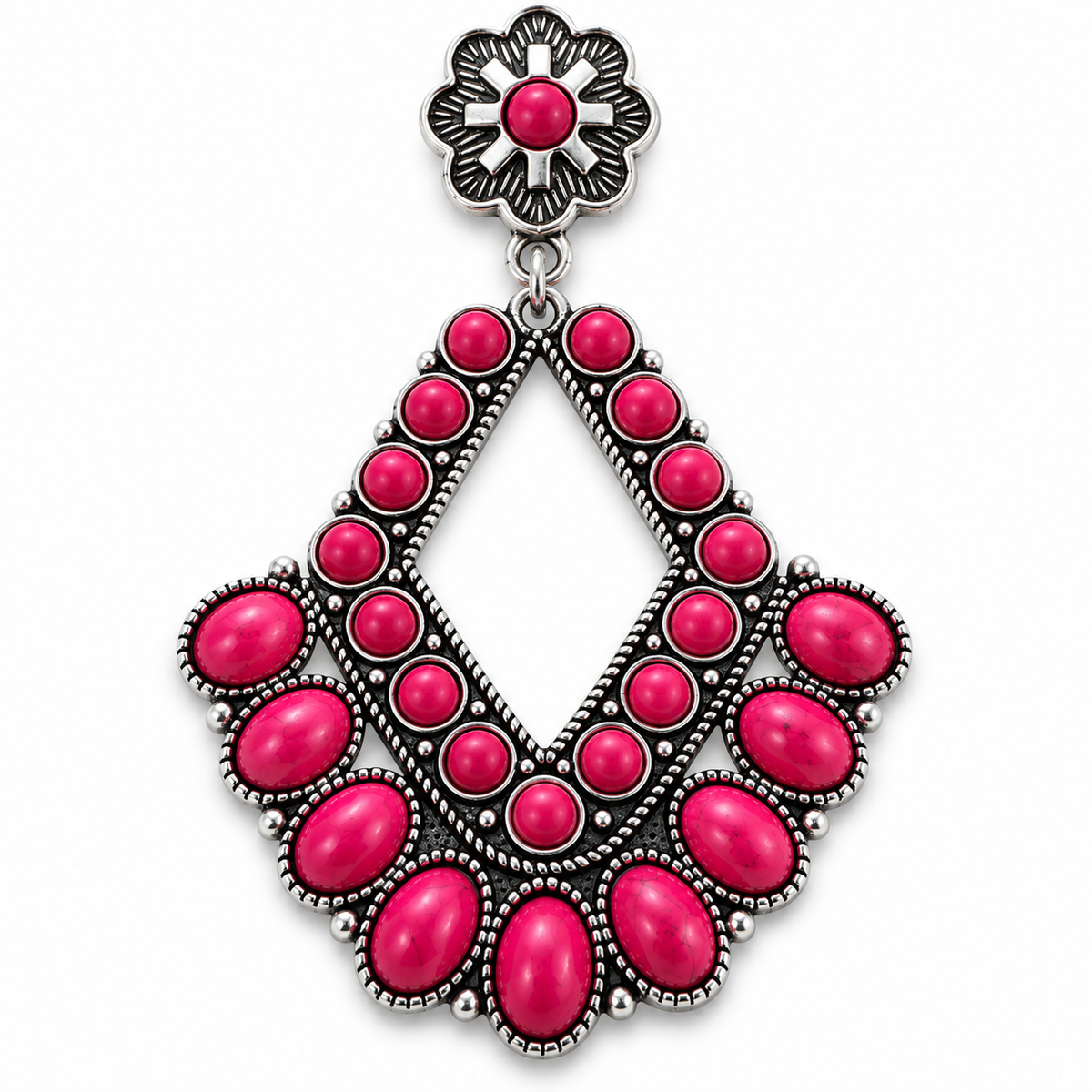 Close-up of silver-tone concho post and pink stone detailing on Rodeo Rose statement earring
