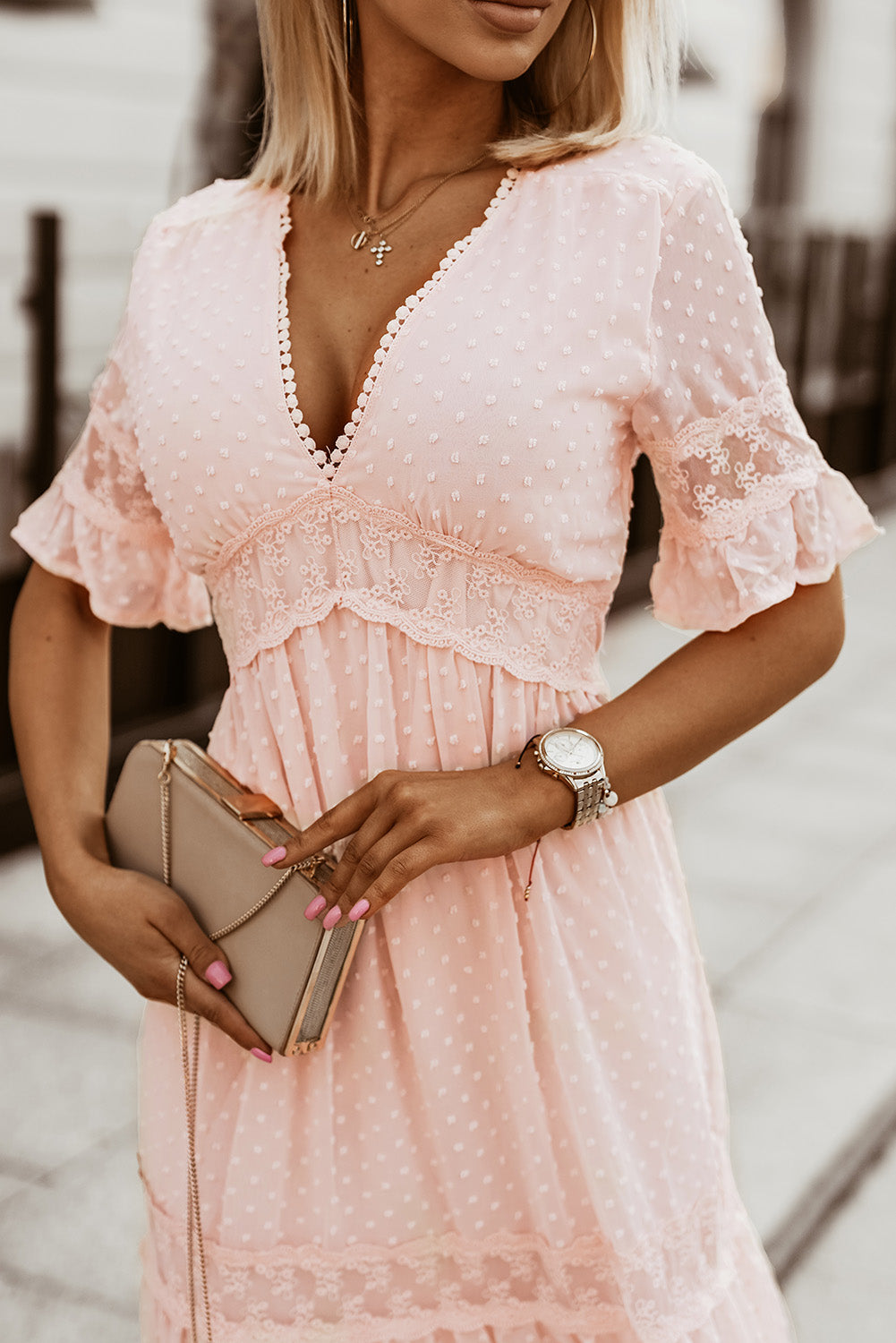 Dot Lace Trim Maxi Dress