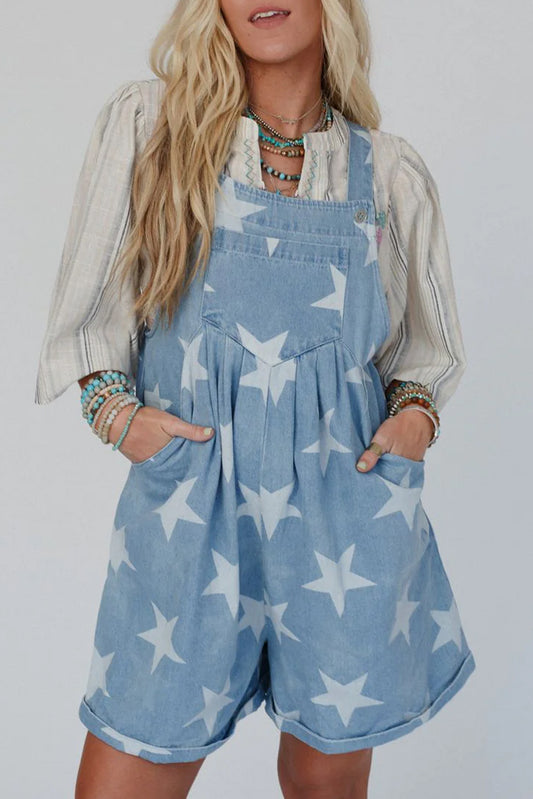 Into The Stars Buttoned Straps Pocketed Denim Romper