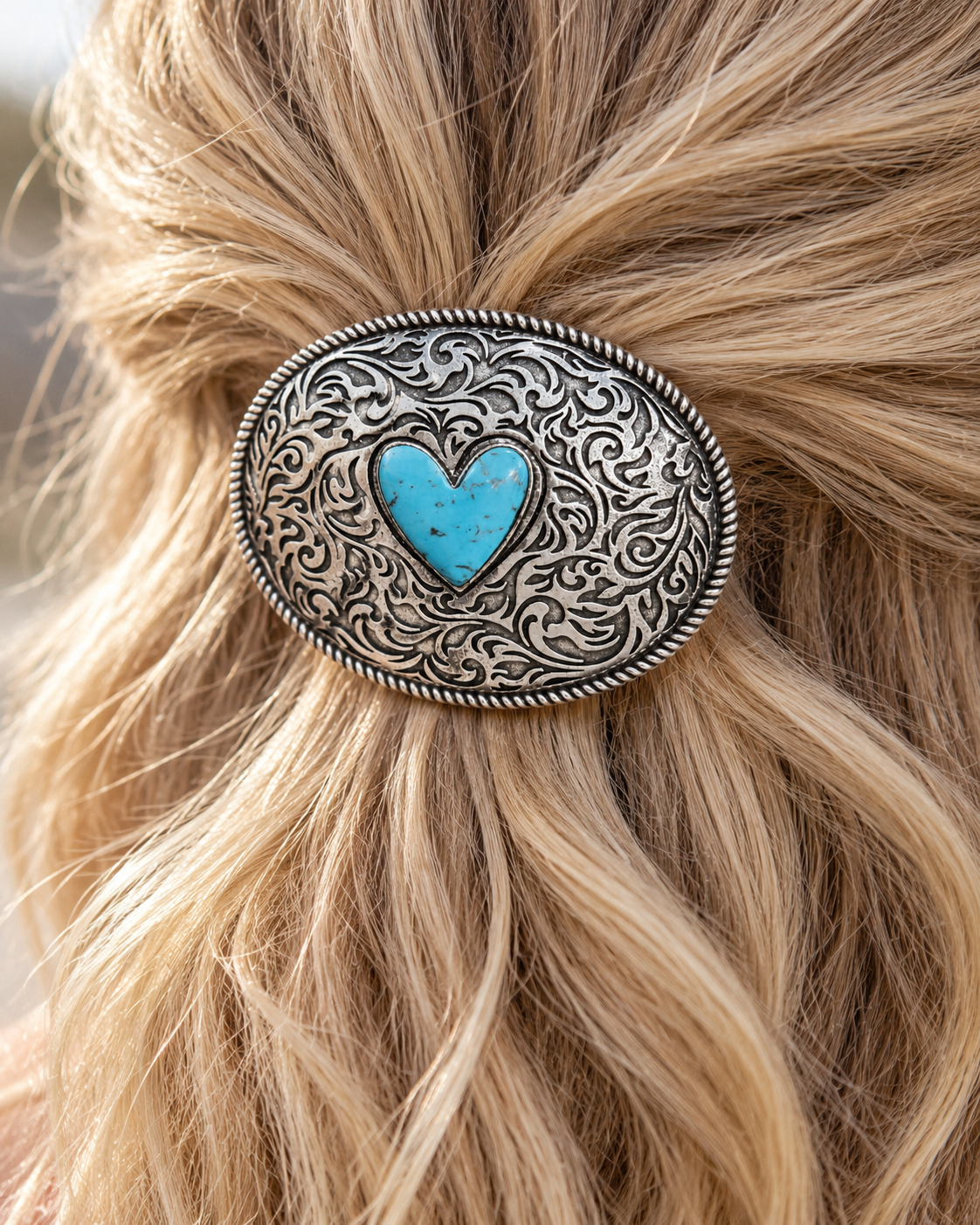 A close-up of a western-style hair clip with an engraved silver-tone oval frame, a turquoise heart in the center, and twisted rope detailing around the border, shown attached to blonde hair.