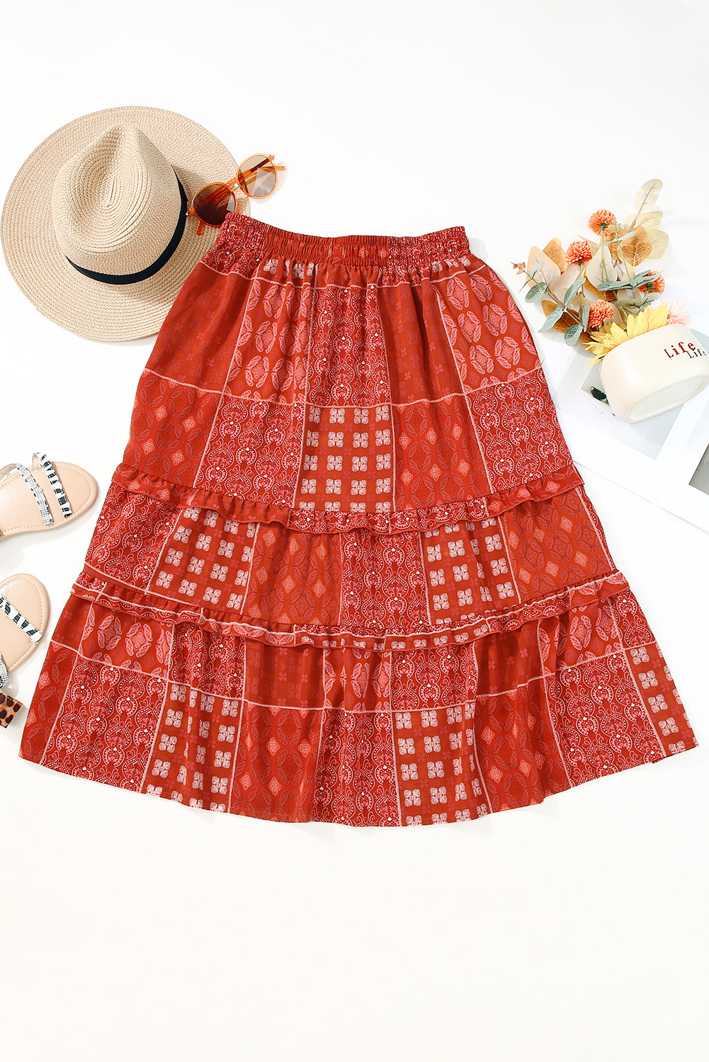 Red Bohemian Mix Print Long Flared Skirt