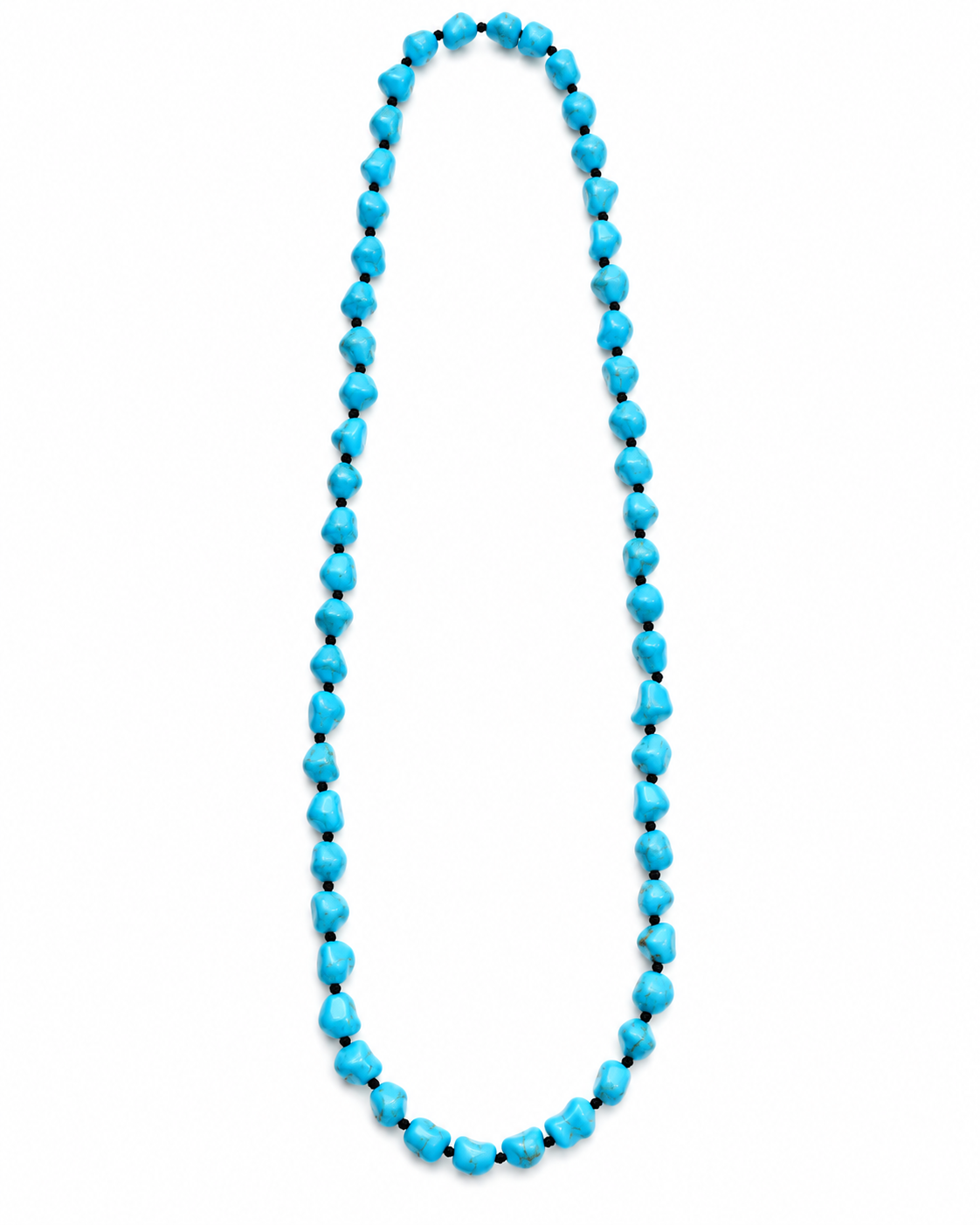 A long beaded necklace made of bright turquoise-blue faceted beads strung on a black cord, displayed vertically against a plain white background.