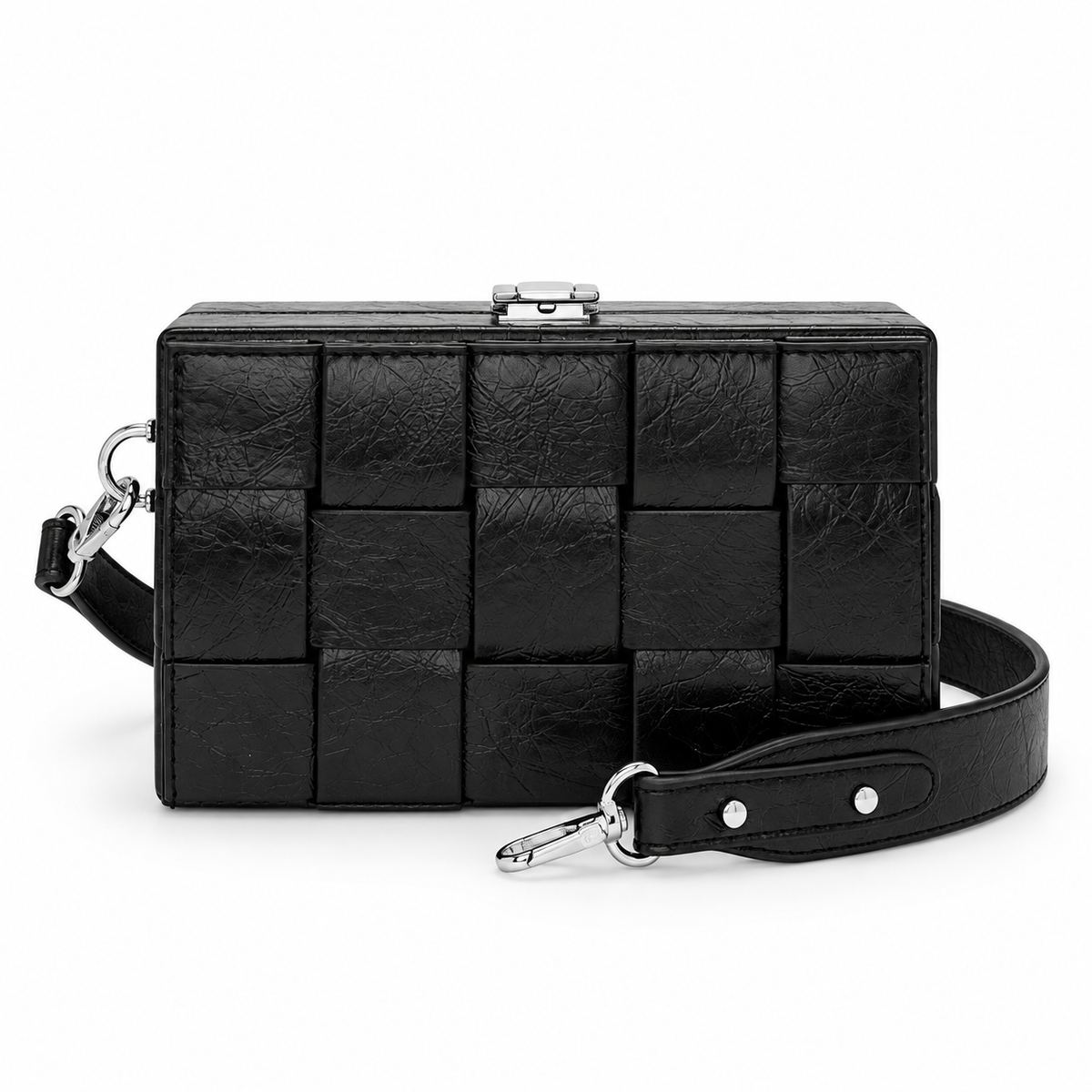 Black woven leather clutch bag with a top clasp and an adjustable shoulder strap with silver hardware, shown on a white background.