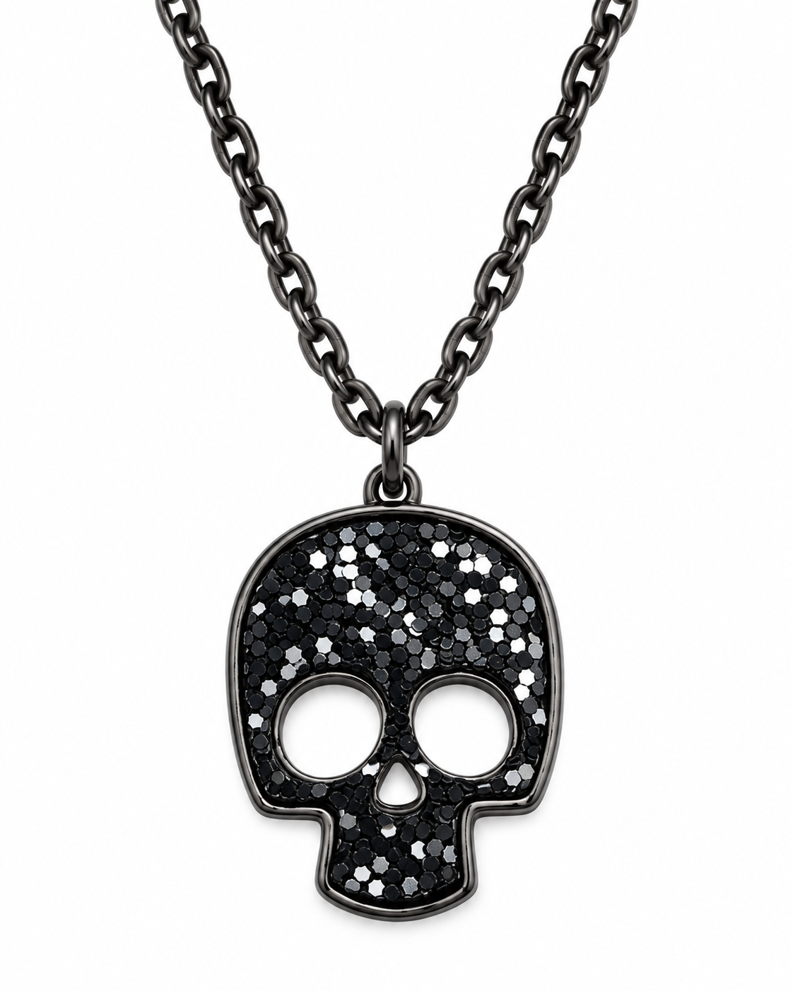 A black skull pendant necklace on a dark gunmetal chain, featuring a textured black glitter-filled skull with cutout eye sockets, photographed against a solid white background.