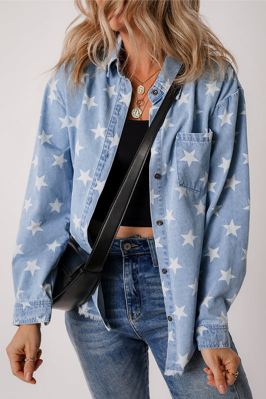 The Izzy Star Print Light Wash Raw Hem Denim Jacket