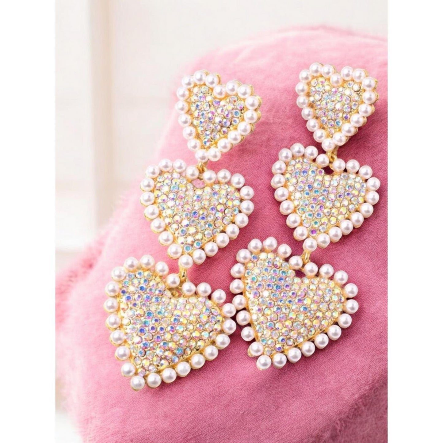 Iridescent Hearts and Pearls Over The Top Glam Earrings