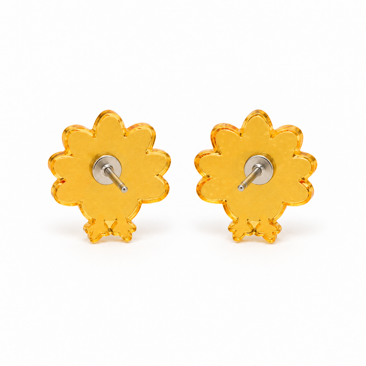 Back view of little turkey acrylic stud earrings showing post-back hardware