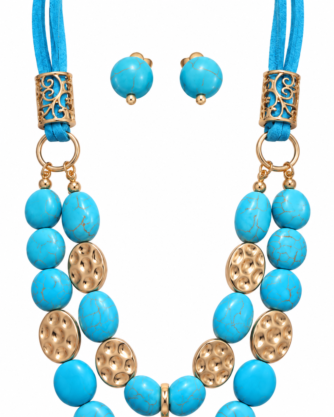 A turquoise and gold statement necklace set with matching stud earrings, featuring round turquoise beads, textured gold disc spacers, and ornate gold filigree caps on a white background.
