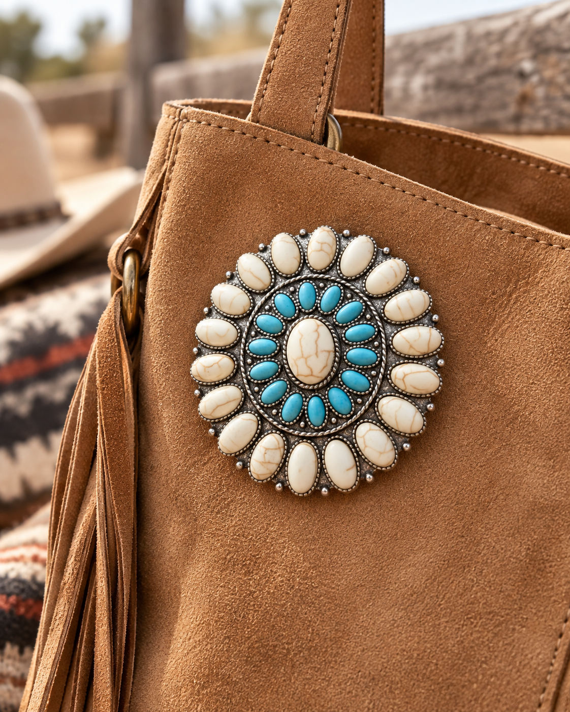 A close-up of a tan suede shoulder bag featuring a large circular Southwestern-style turquoise and shell brooch on the front, with a tassel strap hanging on the left and a blurred hat and outdoor background.