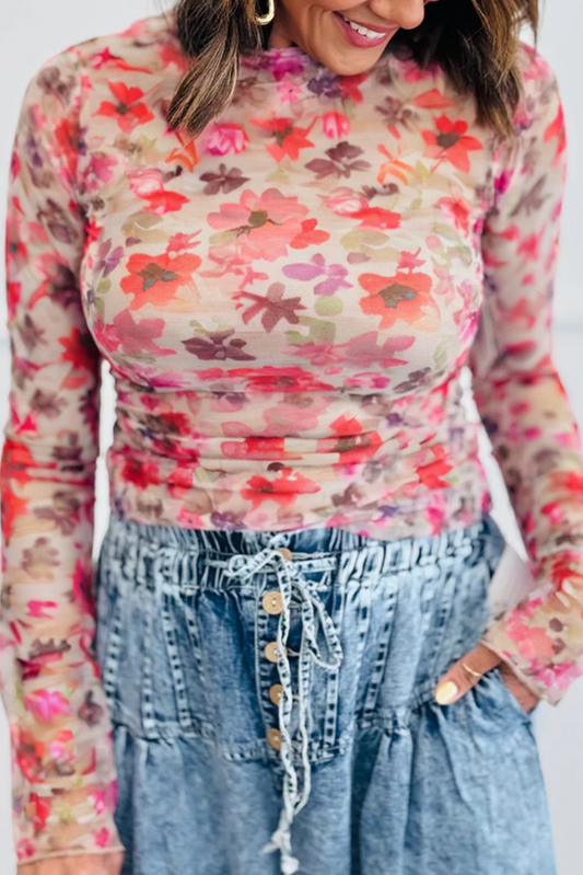 Floral Fantasy Mesh Long Sleeve Top