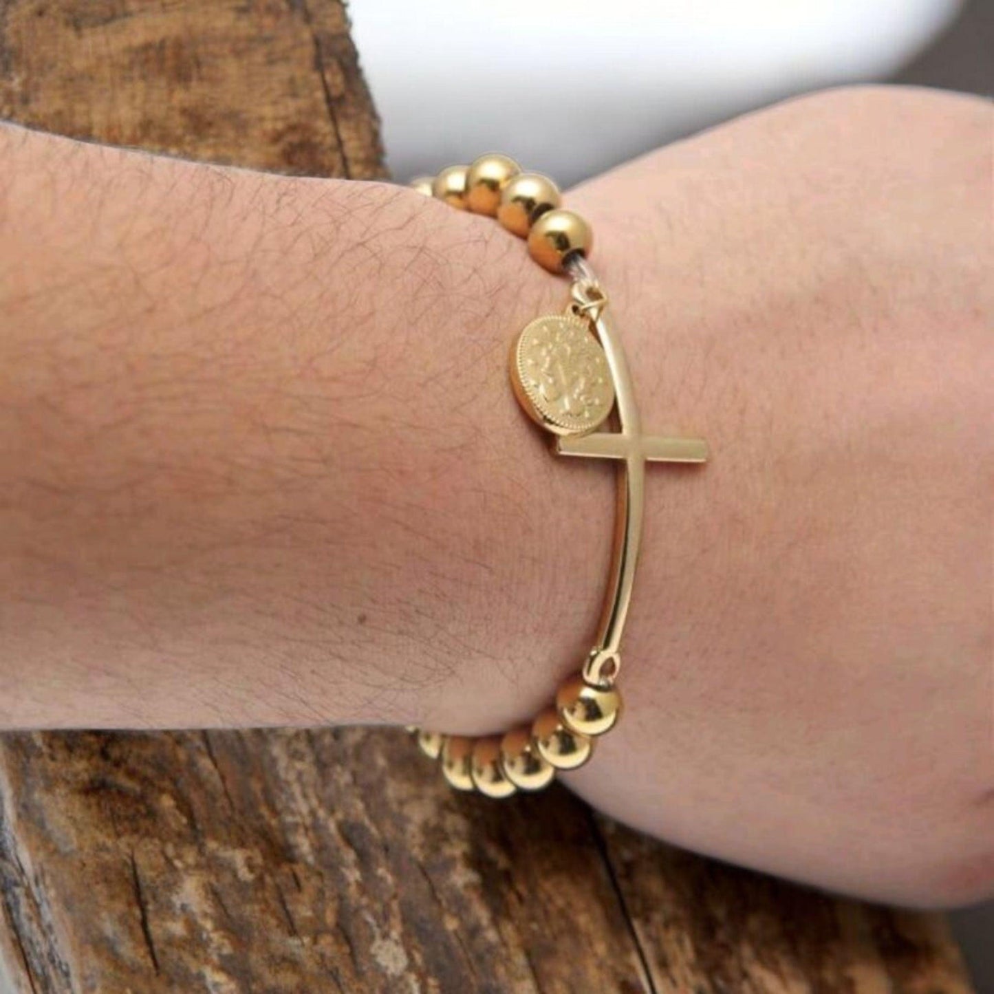 Stainless Steel 8mm Round Bead Stretch Cross Bracelet