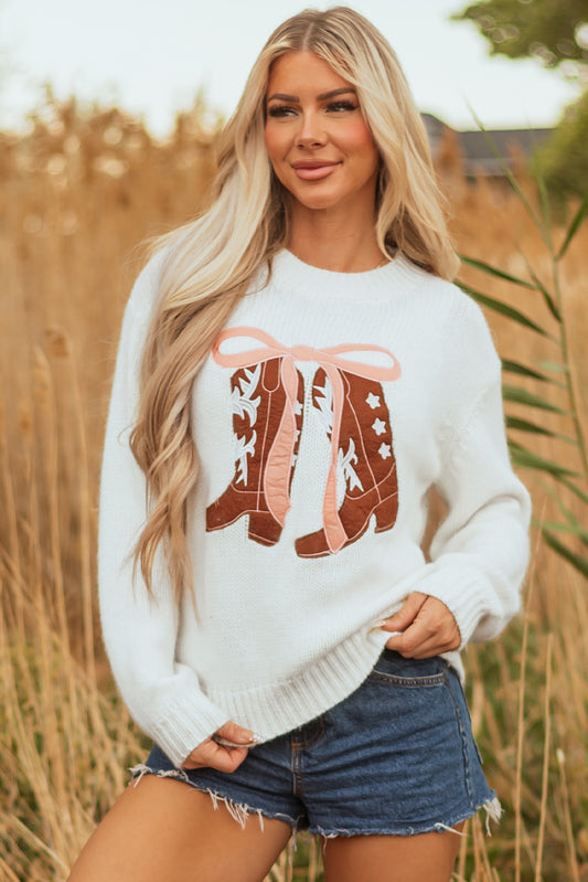 Boots & Bows Embroidered Graphic Sweater