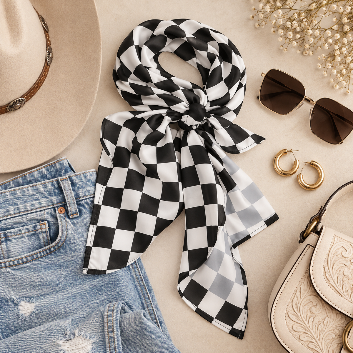 A black and white checkered scarf styled in a flat lay with a beige hat, blue denim shorts, gold hoop earrings, sunglasses, and a cream-colored handbag on a beige background.