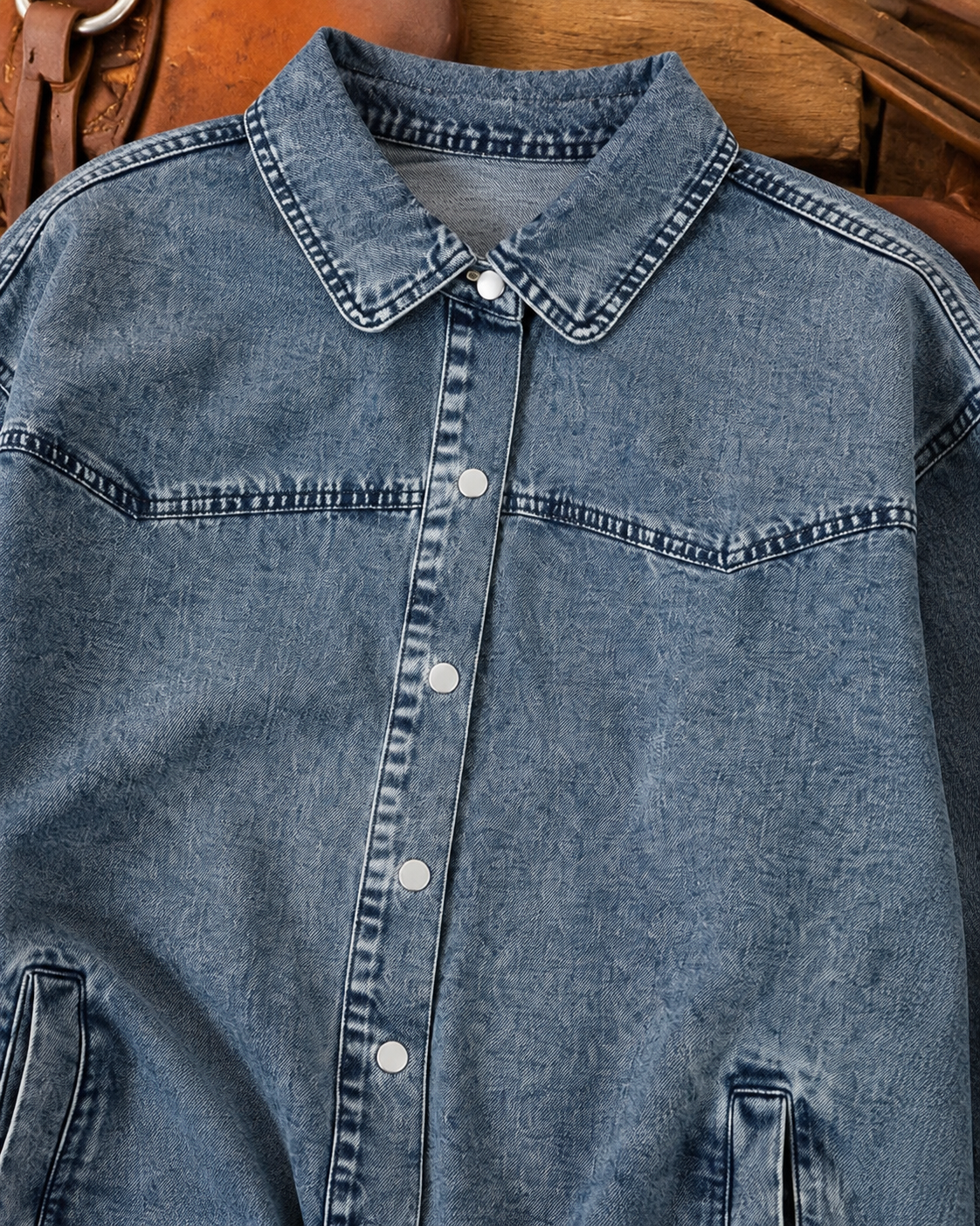 Close-up of Dusk Blue Western Tunic Denim Jacket showing the washed denim texture, western yoke stitching, collar and snap buttons.