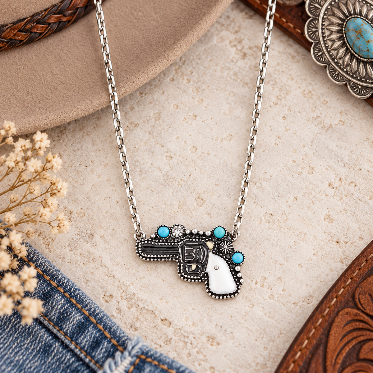 Western Pistol Pendant Necklace with Faux Turquoise Accents
