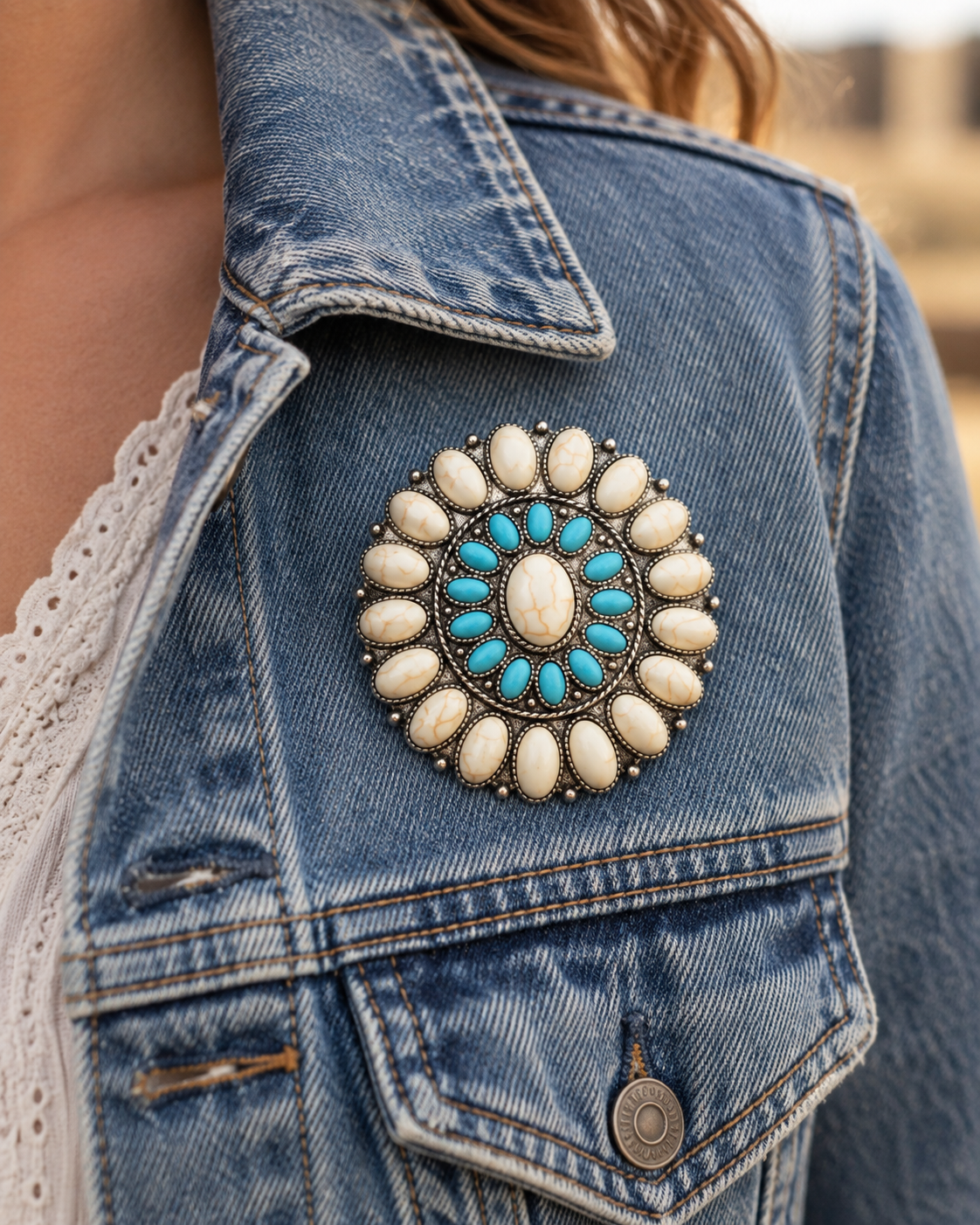 A close-up of a person wearing a blue denim jacket, featuring a large circular turquoise and cream brooch pinned to the left chest pocket.