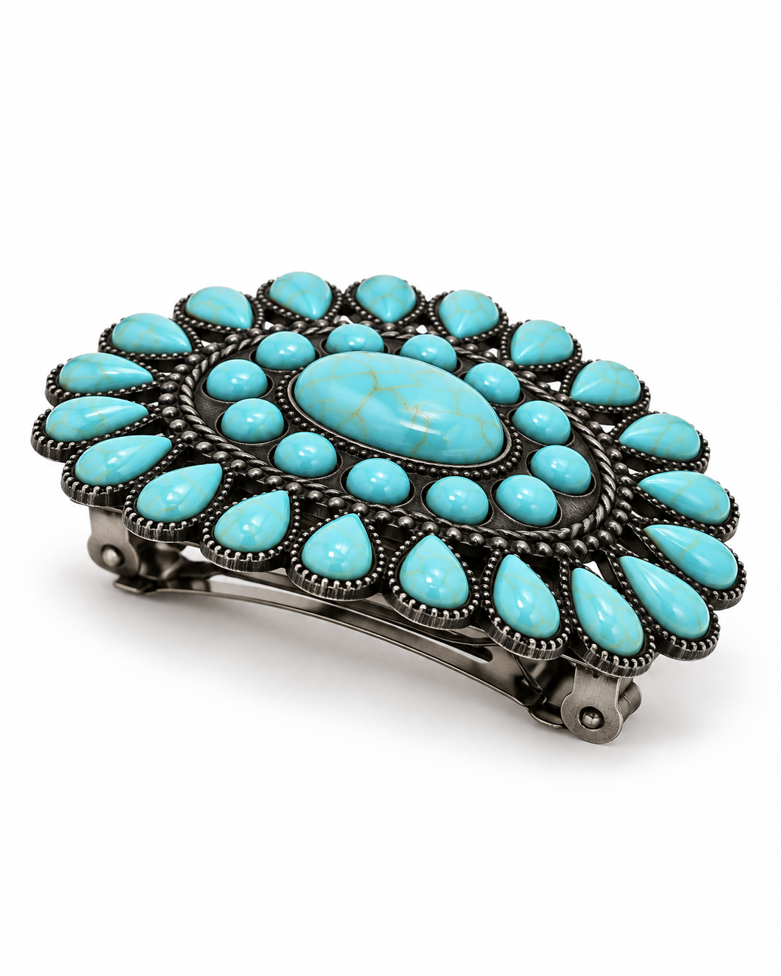 A large turquoise and silver concho-style belt buckle on a white background.