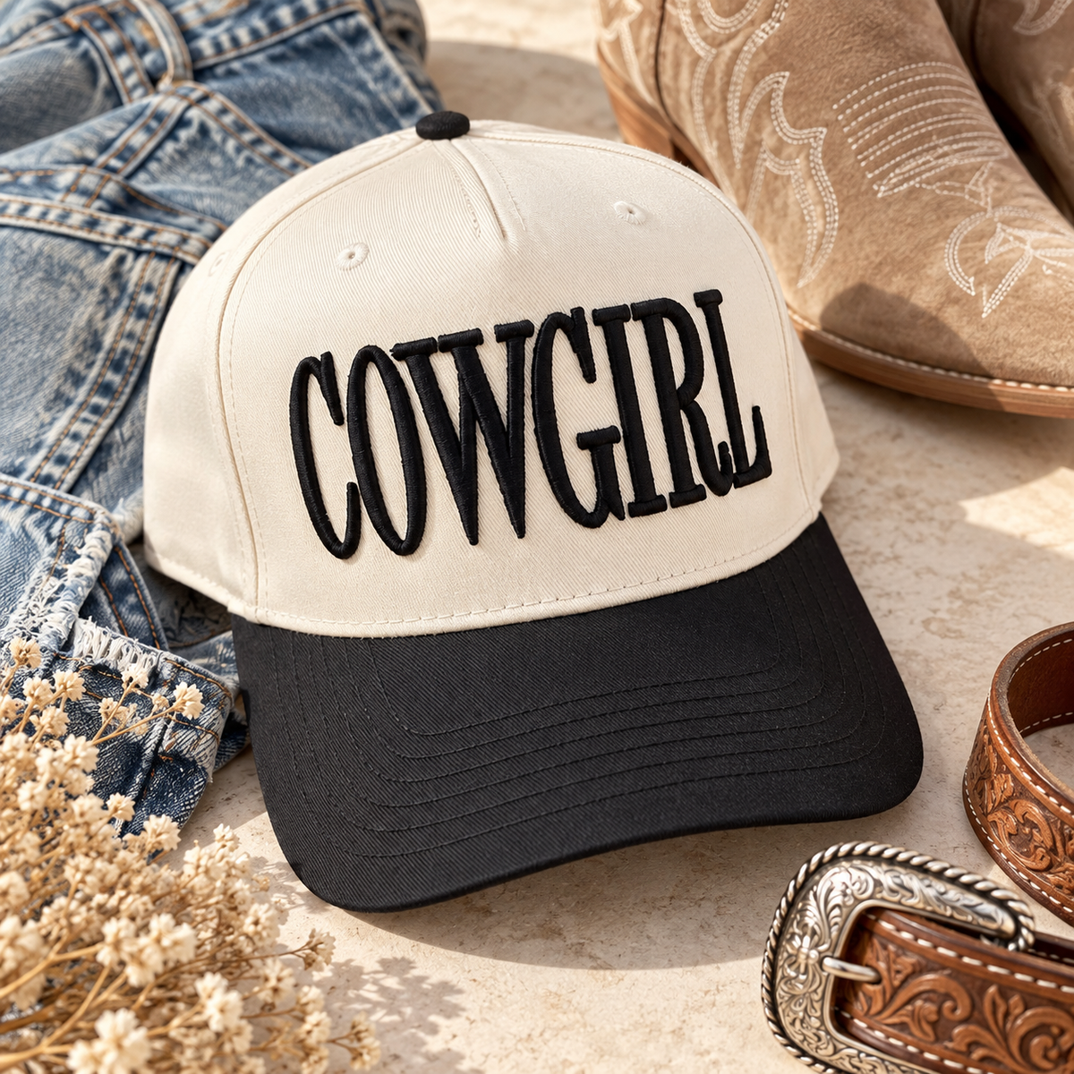 Cowgirl Embroidered Trucker Hat – Black & Neutral