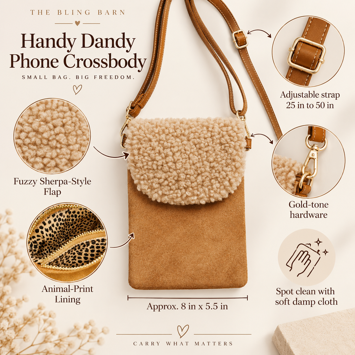 Feature image of Teddy Brown phone crossbody bag showing 8 x 5.5 inch size, adjustable strap, and gold-tone hardware.