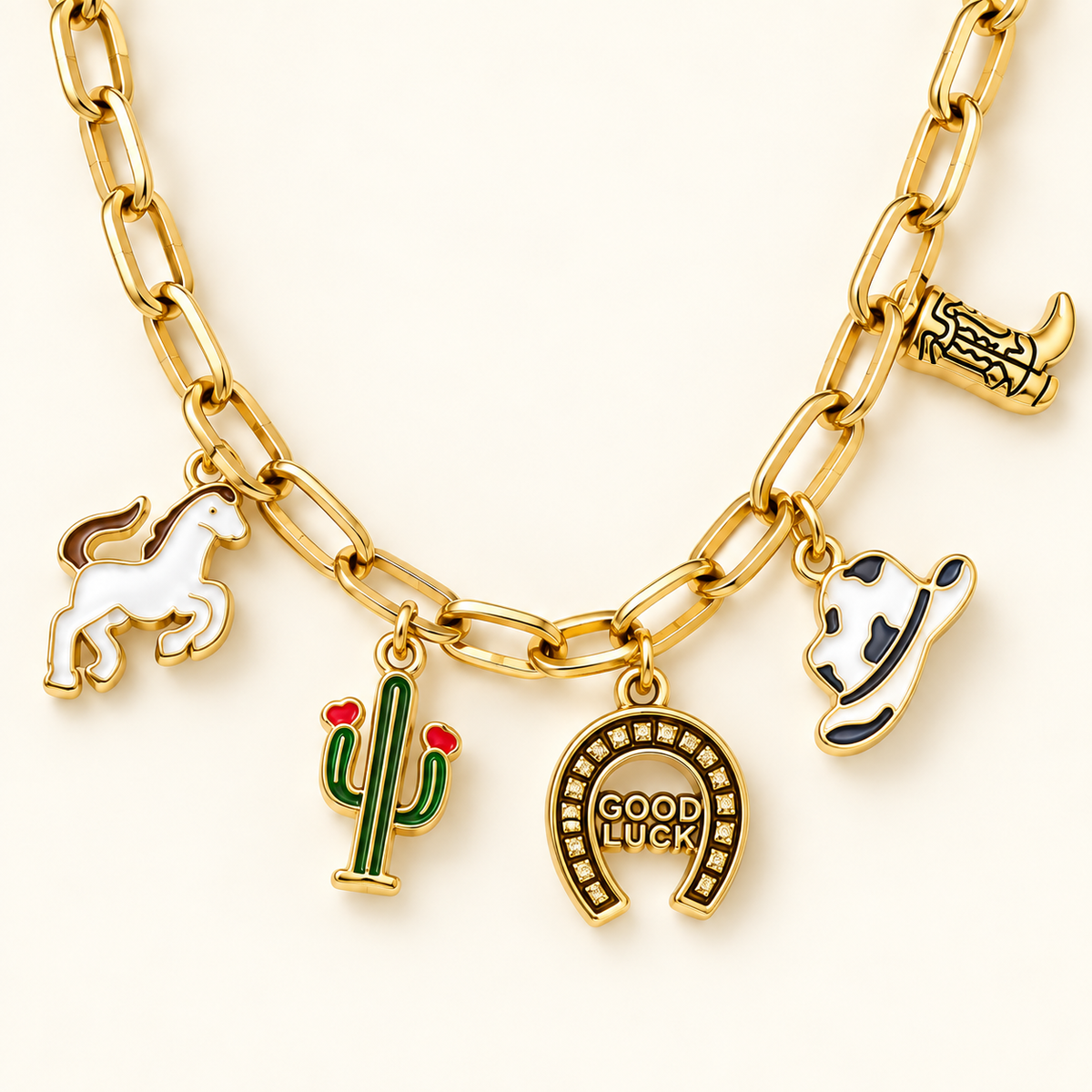 Close-up of white pony western charm necklace with cactus, cowboy hat, boot, and good luck horseshoe charms